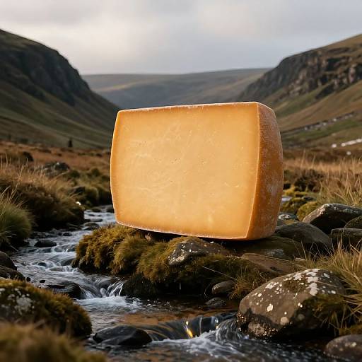 Photograph of a large, wedge-shaped block of yellow cheese resting on mossy rocks by a flowing stream in a mountainous landscape.