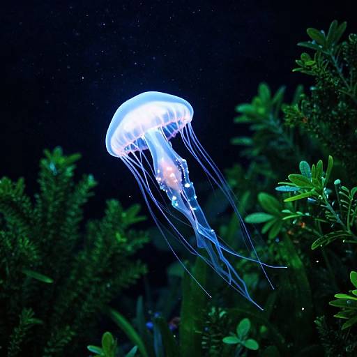 Photograph of a glowing blue jellyfish with translucent tentacles, floating among dark green aquatic plants in a dimly lit underwater scene.