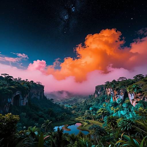 Fantastical landscape photograph: vibrant orange clouds, starry night sky, towering cliffs, lush greenery, winding river, misty valleys, glowing