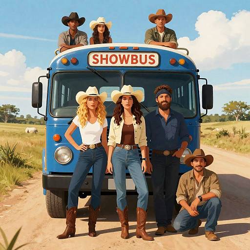 Group of People with Cowboy Hats by Blue Showbus