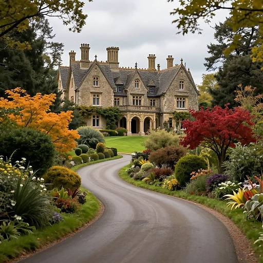 Photograph of a grand, stone Tudor-style mansion surrounded by a vibrant, colorful garden with a winding, paved driveway. Autumn foliage includes orange and