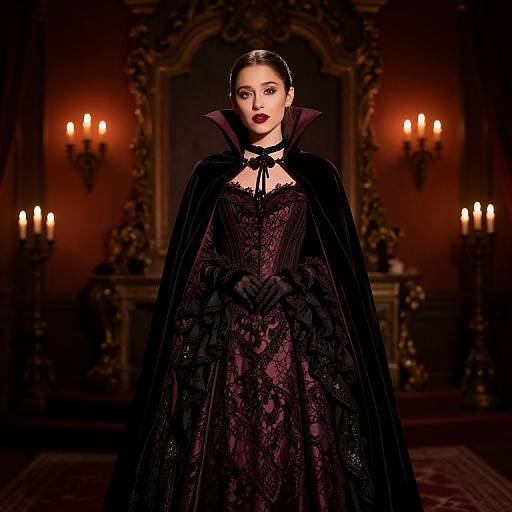 Photograph of a Gothic-style woman in a black lace dress and cape, with red lips, in a dimly lit, ornate room with candles