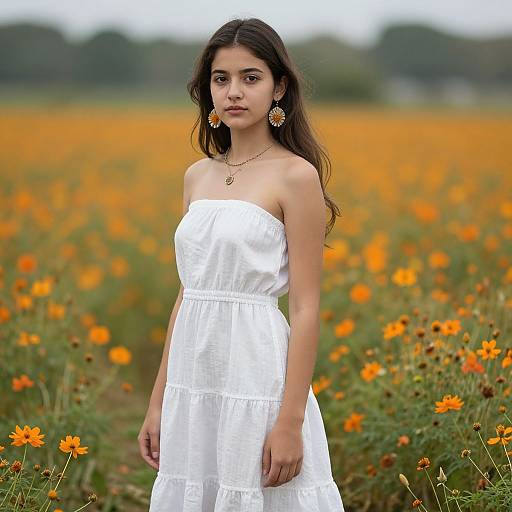 Photograph of a young woman with long brown hair, wearing a white strapless dress, orange flower earrings, standing in a vibrant orange flower field.
