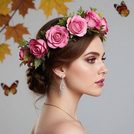 Photograph of a fair-skinned woman with pink rose flower crown, dark brown hair, dainty earrings, soft light makeup, against a blue background