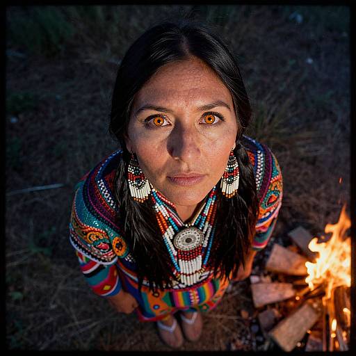 Photograph of a Native American woman with long black hair, wearing colorful striped clothes and large earrings, looking up with wide brown eyes, standing by a