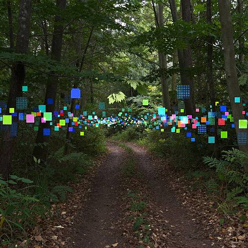 Photograph of a forest path with colorful digital squares floating among dense greenery, creating a surreal, pixelated effect in the natural setting.