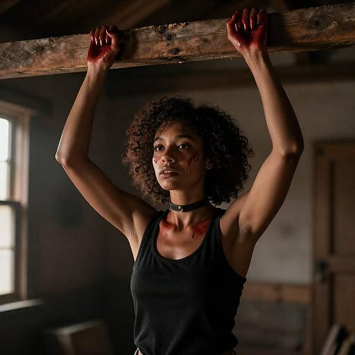 Blood-Smeared Woman Holding Wooden Beam