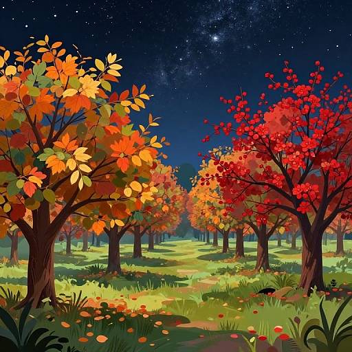 Digital illustration of a starry night sky over an autumn orchard with vibrant orange and red trees, glowing grass, and scattered leaves.