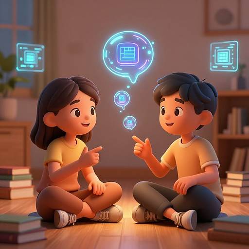 Digital CGI image of two children with dark hair, sitting cross-legged on a wooden floor, pointing at glowing blue icons. Bookstacks surround them in