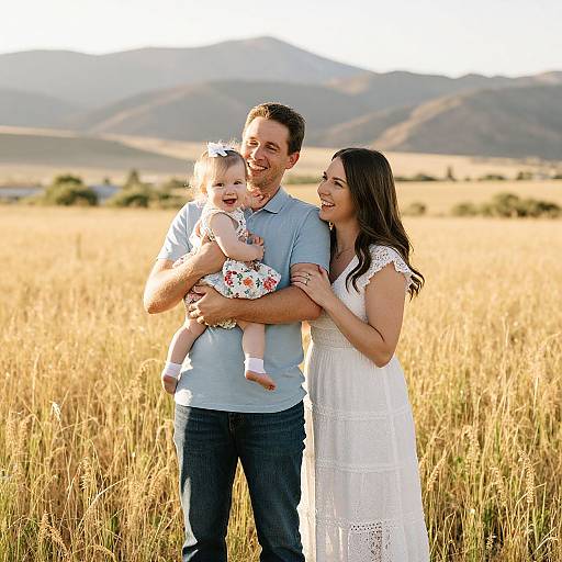Photograph of a smiling white family in a golden field: father in blue polo, jeans, holding baby in floral dress, mother in white lace dress