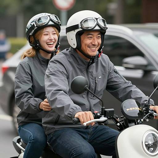 Happy Couple Riding Motorcycle Together