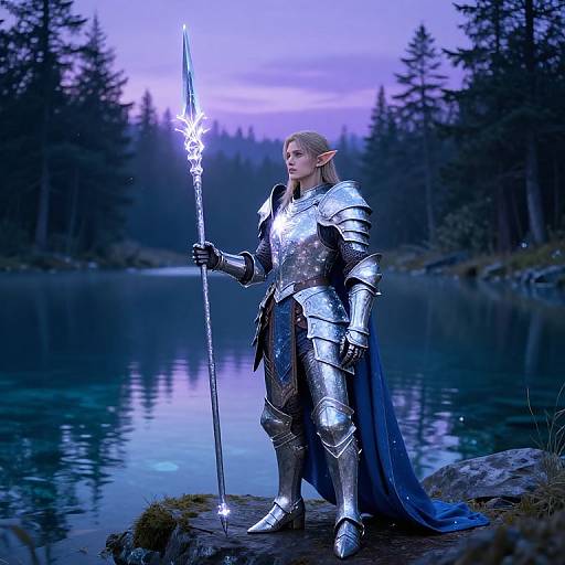 Epic fantasy photograph: Elf warrior in silver armor with glowing spear, standing by serene lake at twilight, surrounded by dark forest.
