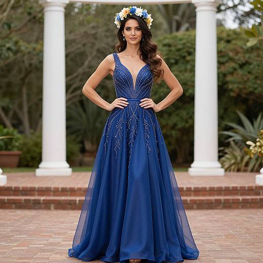 Photograph of a woman with long brown hair, wearing a blue, sleeveless, V-neck ball gown with sequins, and a floral crown,