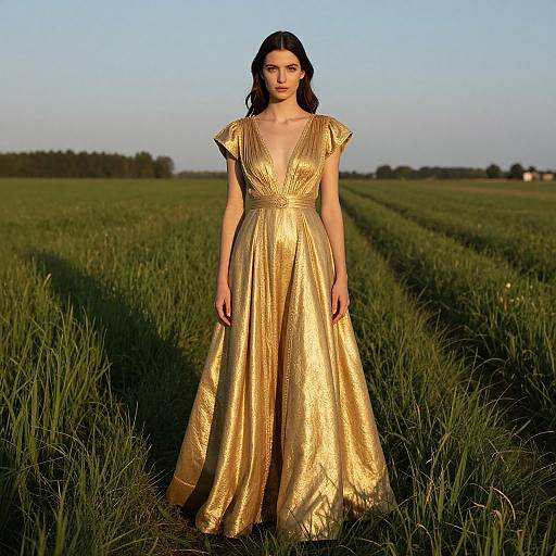 Photograph of a woman with long dark hair in a gold, V-neck, short-sleeve, floor-length gown standing in a green field at