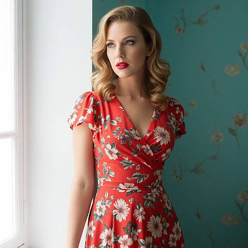 Photograph of a blonde woman with curled hair, red floral dress, and bright red lipstick, standing by a sunlit window against a teal floral wallpaper