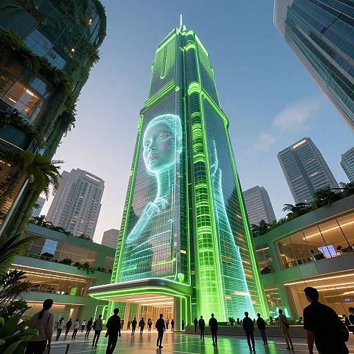 Photograph of a futuristic skyscraper with glowing neon green and blue lights displaying a large, illuminated human face, surrounded by people in a modern urban plaza