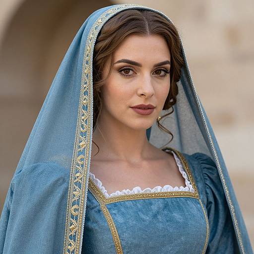 Photograph of a fair-skinned woman with brown hair, wearing a blue medieval-style dress and veil with gold trim, standing outdoors against a blurred stone