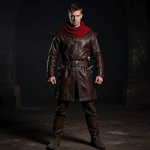 Photograph of a serious, dark-haired man in a black leather coat, red scarf, and brown belt, standing in a dimly lit, dark