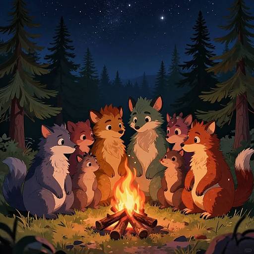 Digital illustration of six adorable, colorful, fluffy foxes sitting around a glowing campfire in a starry night forest, surrounded by tall pine trees.