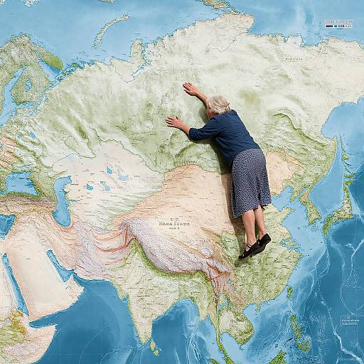 Photograph of a white-haired elderly woman in a navy blue blouse and patterned skirt, lying face-down on a detailed, colorful world map.