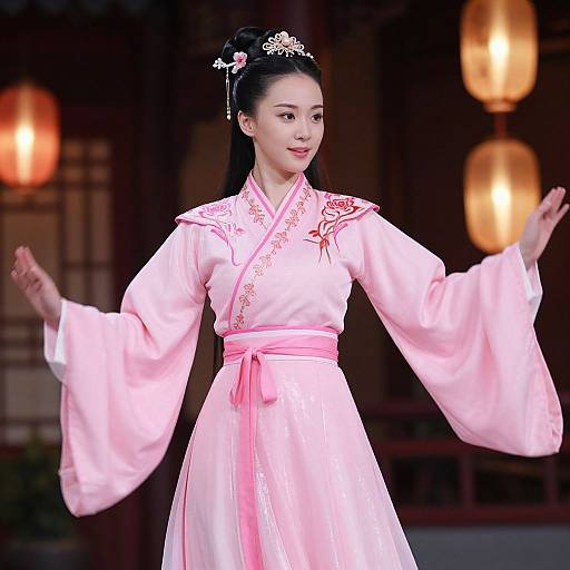 Photograph of an Asian woman in a pink, traditional Korean hanbok with floral embroidery, silver hairpin, and pink sash, standing gracefully