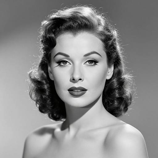 Black-and-white photograph of a 1940s-style woman with dark, wavy hair, heavy eyeliner, and dark lipstick, gazing directly