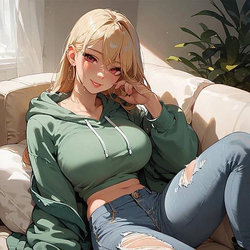 Blonde Anime Girl Sitting on Couch