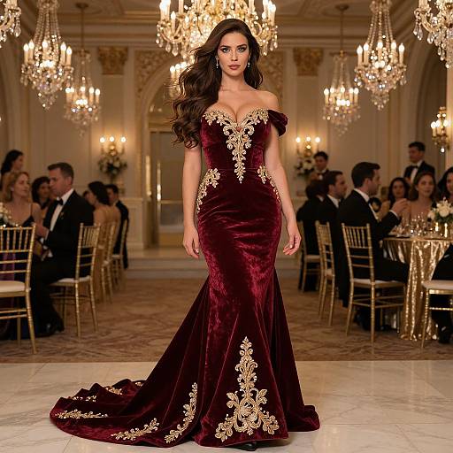 Photograph of a brunette woman with long hair in a deep burgundy velvet off-shoulder gown with gold embroidery, walking a runway in an op
