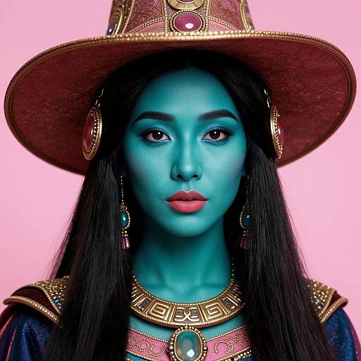 Photograph of a woman with blue skin, long black hair, wearing a gold and red ornate hat, gold necklace, and earrings, against a