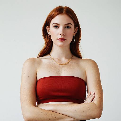 Woman in Red Bandeau Top with Gold Hoop Earrings