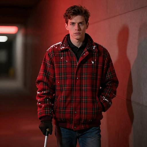 Intense Young Man in Red Neon Light