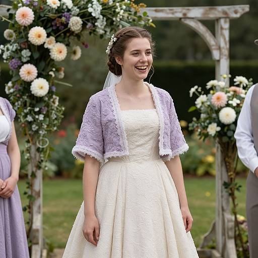 Photograph of a smiling bride in a white lace dress and lavender shawl, standing in a garden wedding arch with floral decor.