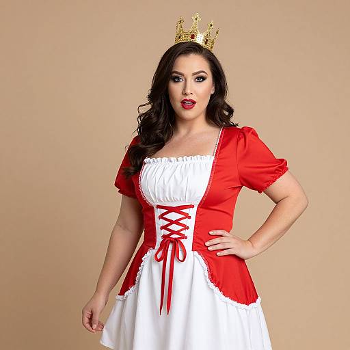 Photograph of a fair-skinned woman with long black hair, wearing a red and white dress with lace-up front, red ribbon, and a golden