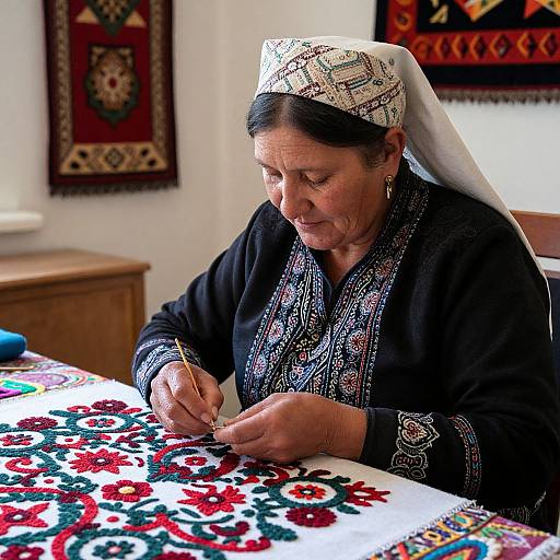 Photograph of an elderly woman with dark skin and black hair, wearing traditional embroidered black dress and white headscarf, meticulously stitching colorful floral patterns on