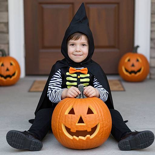Photograph of a young boy in black Halloween costume with witch hat, sitting on porch, holding carved pumpkin with smiling face.