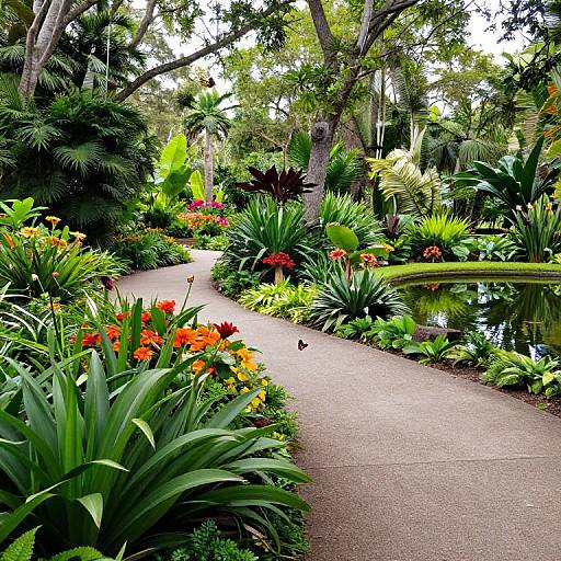 Photograph of a lush, vibrant garden with a winding path, colorful orange and yellow flowers, green foliage, and a small pond.