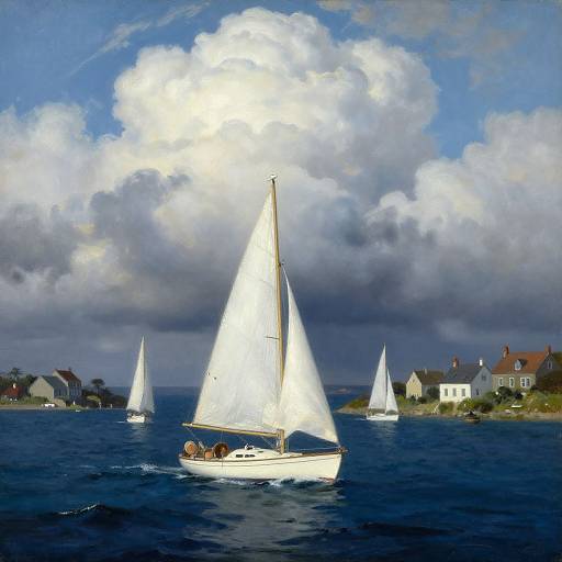 Photograph of a sunny seascape with three white-sailed yachts sailing near a coastal village, bright blue water, and a cloudy sky.