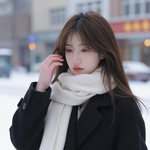 Photograph of an East Asian woman with long brown hair, fair skin, wearing a black coat and white scarf, touching her face in a snowy urban