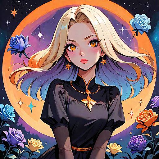 Magical Girl in Black Dress Under Orange Moon