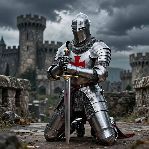 Knight in shiny silver armor kneels, gripping sword with red cross, in front of a stormy sky and medieval castle ruins. Photorealistic digital