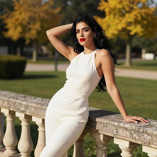 Photograph of a curvy woman with long black hair, red lipstick, and a white textured dress, leaning on a stone balcony in a sunny park