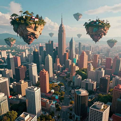 Digital artwork of a futuristic cityscape with floating islands, towering skyscrapers, and vibrant greenery, set against a bright, blue sky.