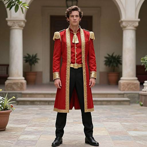 Photograph of a young man with curly brown hair standing confidently in a courtyard, wearing a red and gold epauletted military-style coat, black