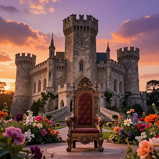 Photograph of a grand medieval castle at sunset, with a ornate, red-cushioned throne centered in a vibrant flower garden.