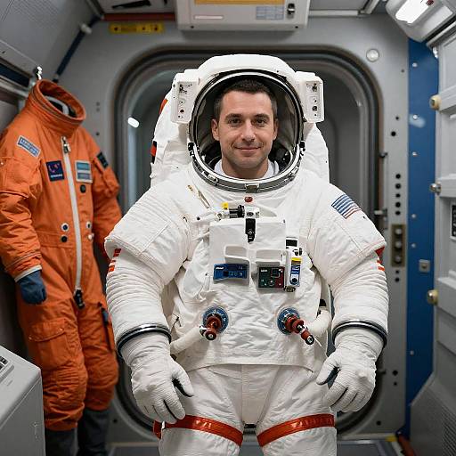 Male Astronaut in White Spacesuit Inside Spacecraft