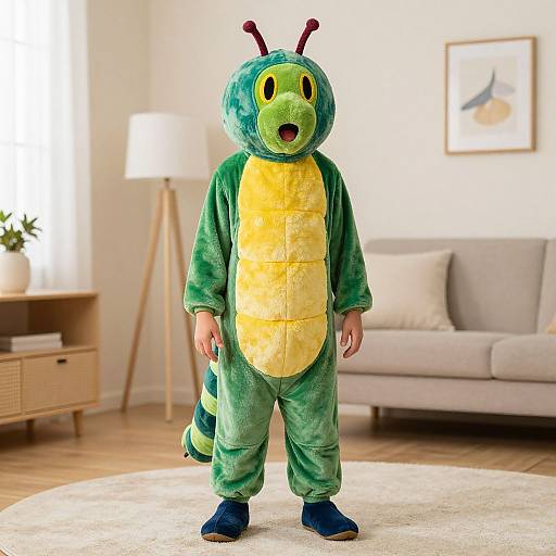 Photograph of a child wearing a green and yellow caterpillar costume with red antennae, standing in a bright living room.