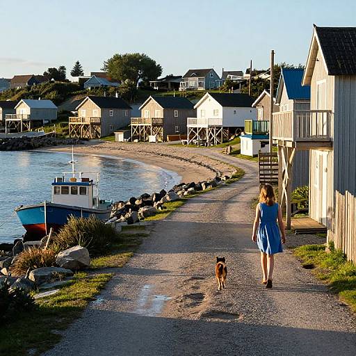 Photograph of a woman in a blue dress walking a brown dog along a sunny, rocky coastal path with small boat houses and a calm sea.