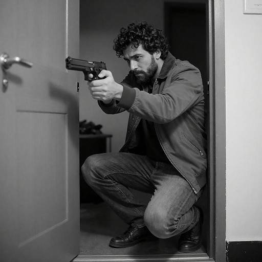 Crouched Man Aiming Through Partly Open Door