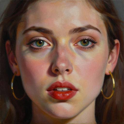 Digital painting of a fair-skinned woman with green eyes, red lipstick, and gold hoop earrings, gazing intently forward. Realistic style.