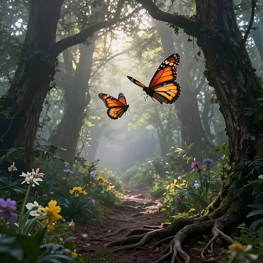Photograph of a misty forest path with sunlight filtering through tall trees, vibrant flowers, and two orange butterflies mid-flight.